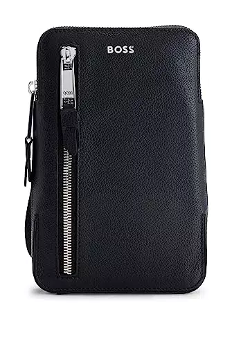 BOSS Herren Highway Phone Holder Smartphone-Tasche aus genarbtem Leder mit metallenem Logo-Schriftzug Schwarz Stck