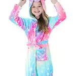 Brinny Kinder Bademantel Mit Kapuze Hoodie Sanft Einhorn Nachtwäsche Flanell Kuschelweicher Fleece Morgenmantel Pyjamas Bathrobe Kleinkind für Mädchen Jungen 8-9 Jahren