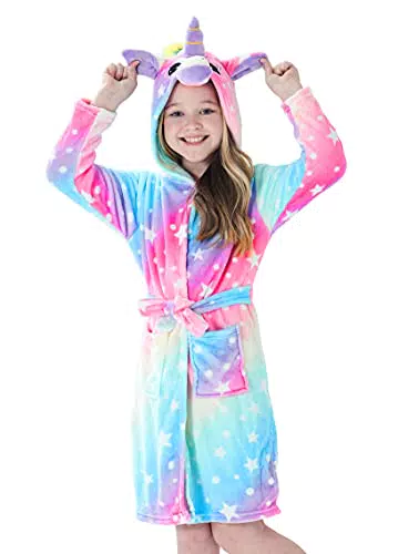 Brinny Kinder Bademantel Mit Kapuze Hoodie Sanft Einhorn Nachtwäsche Flanell Kuschelweicher Fleece Morgenmantel Pyjamas Bathrobe Kleinkind für Mädchen Jungen 8-9 Jahren