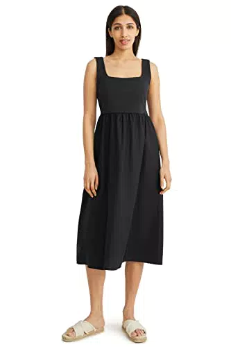 C&A Damen Kleid Eckiger Ausschnitt Midi Fit & Flare Kleider schwarz