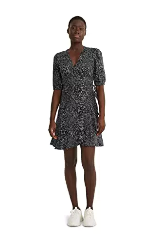 C&A Damen Kleid Wickelausschnitt oberhalb des Knies Wickel-Form Kleider schwarz/weiß 44