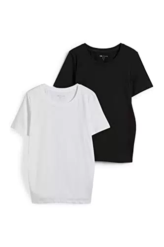 C&A Damen Unifarben T-Shirt Umstandsmode Rundhalsausschnitt Kurzärmelig 2er Pack|Multipack schneeweiß