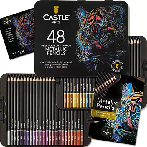 Castle Art Supplies Metallic-Stifte-Set, Farbminen in 48 schimmernden Farbtönen mit Wachskernen für erfahrene Künstler