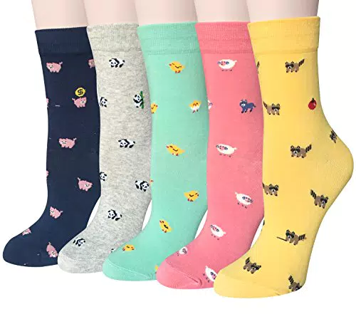 Chalier Cozy 5 Paar Damen Socken Tiere Lustige Bunte Socken Baumwolle mit Süße Katze Socken Geschenk für Damen Einheitsgröße Gelb