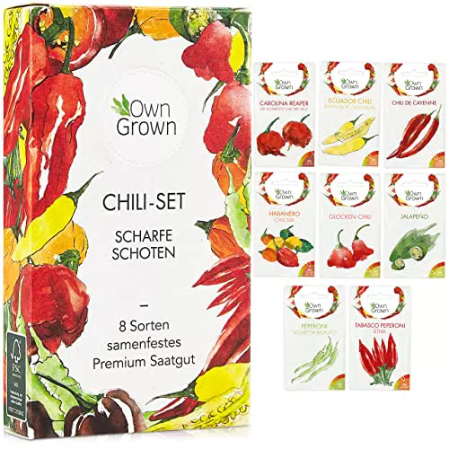 Chili Samen Set: 8 Sorten Chilisamen für Garten und Balkon Premium Chilisortiment Bunte und alte Chili Pflanzen Chili Set mit milden und scharfen Chilli Pflanzen Chili züchten mit OwnGrown