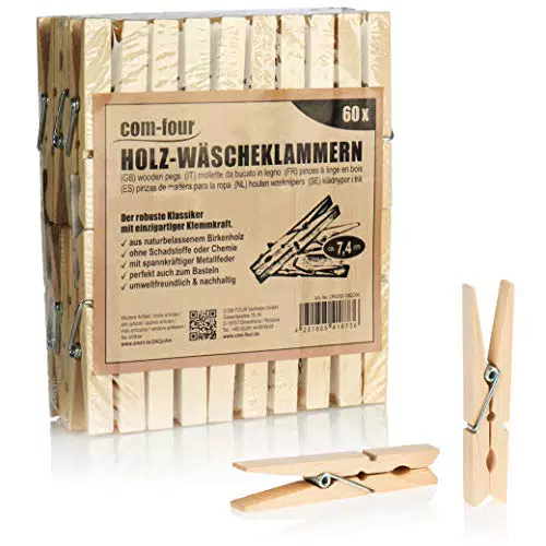 com-four 60x Wäscheklammern aus Holz - Nachhaltige Holzklammern aus Birkenholz - unbehandelte Holzwäscheklammern zum Wäscheaufhängen und Basteln