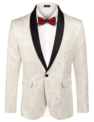 COOFANDY Herren Smoking Sakko Anzug Modern Blazer Luxus Stilvoll Anzugjacke Festlich Jacke mit Blumenmuster Paisley für Abendessen Hochzeit Party Beige