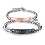 Cupimatch Paare Armband mit Gravur”His Beauty. Her Beast.” für Verliebte Edelstahl Schmuck Damen Silber Farbe