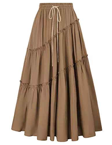 Damen Renaissance Maxirock Elastische Taille mit Kordelzug Röcke Rüschen Casual Trachtenrock Braun