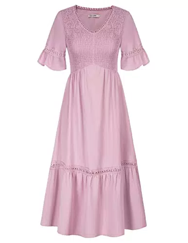 Damen V-Ausschnitt A-line Kleid Elastische Taille Strandkleid Sommerkleid Cocktailkleid Rosa CL1836S23-3_