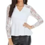 Damen V-Ausschnitt Bluse Elegant Spitzen Tops Durchsichtig Ärmel Tunika Langarm Basic Shirt Casual Leicht Bluse