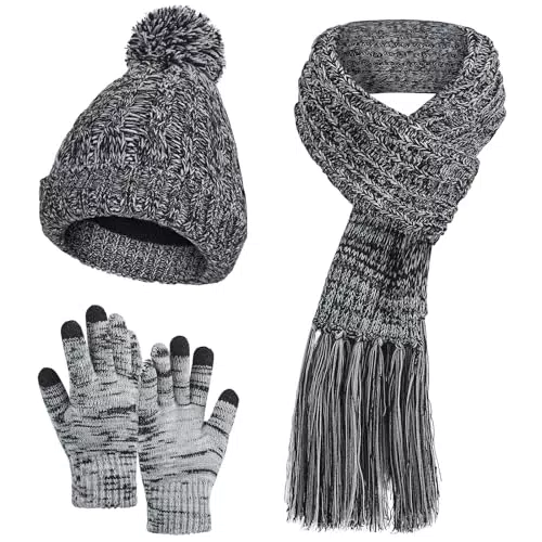 DiaryLook Mütze Schal Winter Handschuhe sets für Damen Strick set Fleece Loop Damen Schals Winterschal Knitted Pom Pom Cap