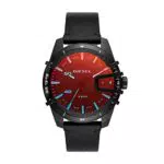 Diesel Herrenuhr Caged, DreizeigerDatumswerk, 46 mm schwarzes Edelstahlgehäuse mit Lederarmband