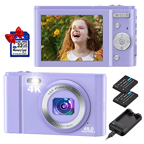 Digitalkamera, Duluvulu 4K UHD 48MP Mini Fotokamera mit 32GB Speicherkarte Kompaktkamera Wiederaufladbare 16X Digitalzoom