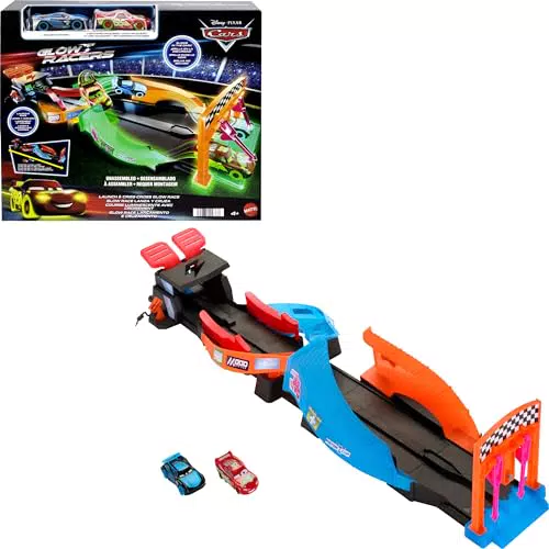 DISNEY Pixar Cars Spielset - 2 x Leuchtende Rennautos Starter und Überkreuz Neonrennstrecke