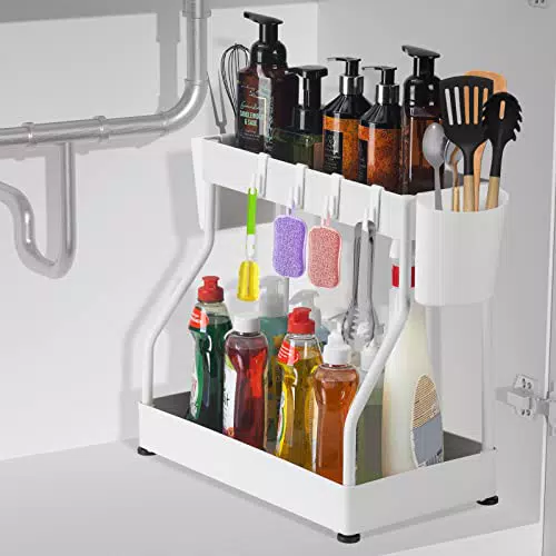 DOBIGER Unter Waschbecken Regal 2 Etagen, Under Sink Organizer mit 4 Haken und 2 Tasse
