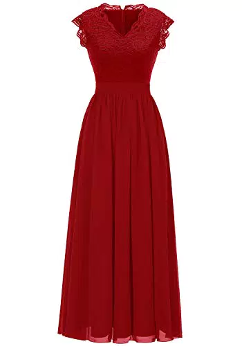 Dressystar Damen Elegant Ballkleider V-Ausschnitt Flora Spitze Chiffon Lang Cocktailkeider Abendkleider Rot