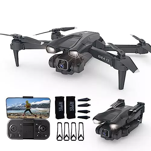 Drohnen mit Kamera HD 2 Kameras Drohne für Kinder 135° Elektrisch Einstellbar RC FPV WIFI Faltbar Quadcopter Spielzeug Flugzeuge Geschenke 360° Flips Höhe halten 2 Akkus IDEA12