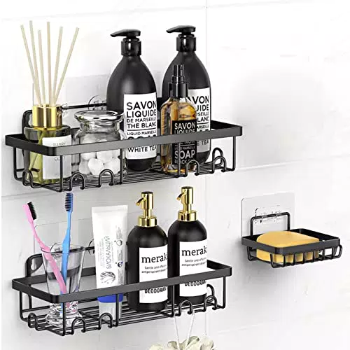 Duschablage ohne Bohren Badregal 3er Set Duschregal mit Seifenhalter Duschkorb Badezimmer Regal Schwarz für Shampoo Duschgel Wohnzimmer Küche Organizer