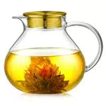 ecooe 1400ml Einfach Glas Teekanne mit 18/8 Goldener Edelstahl 2 in 1 Teesieb Deckel Borosilicate Glas Teebereiter Geeignet für Kalte und Heiße Getränke Offenem Feuer Herd Teewarmer