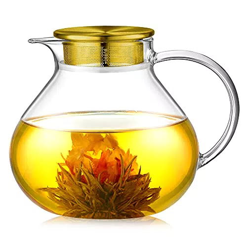 ecooe 1400ml Einfach Glas Teekanne mit 18/8 Goldener Edelstahl 2 in 1 Teesieb Deckel Borosilicate Glas Teebereiter Geeignet für Kalte und Heiße Getränke Offenem Feuer Herd Teewarmer