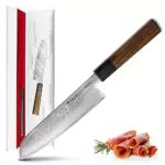 EKVALLY KÄPY Santoku Messer 17, 5 cm Klinge, Damast Küchenmesser mit oktagonalem Palisander-Holzgriff - Damastmesser