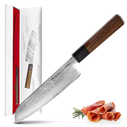 EKVALLY KÄPY Santoku Messer 17, 5 cm Klinge, Damast Küchenmesser mit oktagonalem Palisander-Holzgriff - Damastmesser