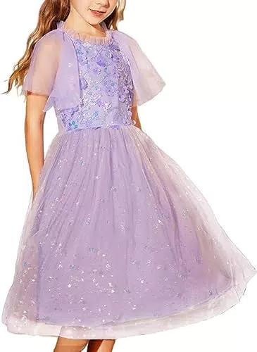 EMädchen A-Linien Kleider für Hochzeit Elegant Pailletten A-Linien Prinzessinenkleid Swiss Dot Rundhals Midi Netzkleid Lila 8-10 Jahre