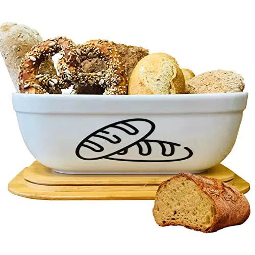 FANOUS Keramik Brotkasten Weißbrot Aufbewahrungsbox mit Bambusdeckel Brottopf von 36 x 24 x 14 cm Brotkasten und Holzdeckel als Schneidebrett