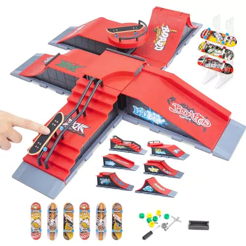 Finger Skateboard Set, 6 Stück Kombination Mini Finger Skateboard Ramps Set mit Zubehör Fingerboard DIY Montage Ultimate Deck Track Park Finger Spielzeug für Skate-Liebhaber Kindergeschenk