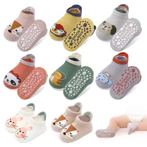 Firtink 8 Paare Rutschfeste Socken für Baby, Baumwolle Baby Socken Stoppersocken Kleinkinder Socken Anti Rutsch Socks für Toddlers and Kids