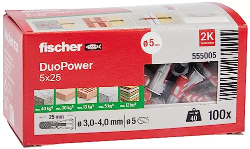fischer 555005 DUOPOWER 5 x 25, Universaldübel, leistungsstarker 2-Komponenten-Dübel