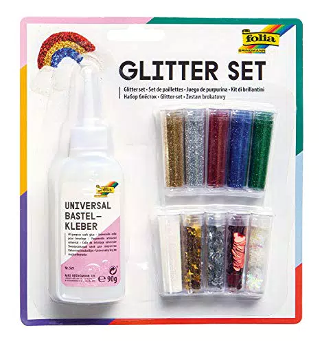 folia 579 - Glitter Set, bestehend aus Bastelkleber und 10 Dosen Glitterpulver und -streuteile