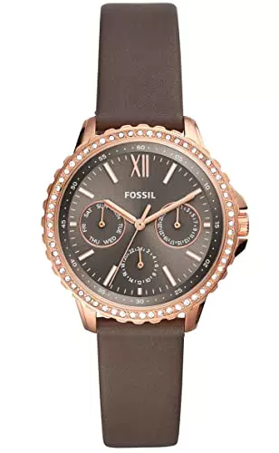 Fossil Damenuhr Izzy, Multifunktionswerk, 35mm Rose Gold Edelstahlgehäuse mit einem Lederarmband