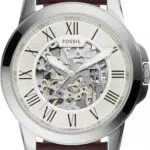Fossil Herrenuhr Grant, mechanisches Automatikwerk, 45mm Silbernes Edelstahlgehäuse mit Lederarmband