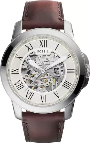 Fossil Herrenuhr Grant, mechanisches Automatikwerk, 45mm Silbernes Edelstahlgehäuse mit Lederarmband
