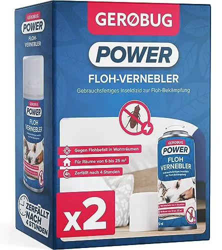 Gerobug Floh-Fogger 2 x 150 ml mit Naturwirkstoff: Gift zerfällt nach nur 4 Stunden - Floh-Vernebler Doppelpack für insg. 25 m2 - Effektive Lösung zum Flöhe bekämpfen
