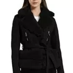 Geschallino Damen-Jacke aus Wildlederimitat Motorrad-Kurzmantel Sherpa Gefütterte Oberbekleidung mit Gürtel 8831A Schwarz