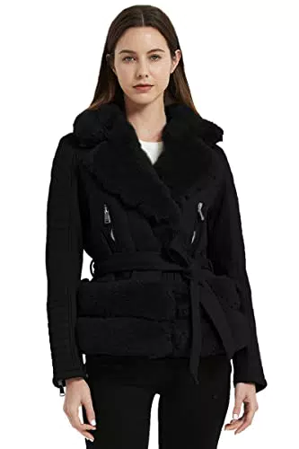 Geschallino Damen-Jacke aus Wildlederimitat Motorrad-Kurzmantel Sherpa Gefütterte Oberbekleidung mit Gürtel 8831A Schwarz