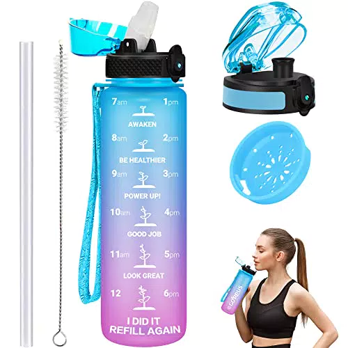 GOPPUS 1L/32oz Sport Wasserflasche BPA Frei Auslaufsicher Trinkflasche mit Strohhalm/Zeitmarkierungen/Filter Flasche Kohlensäure Geeignet für Die Fahrrad