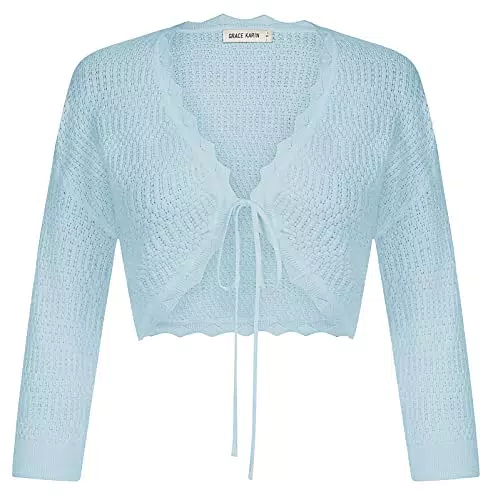 GRACE KARIN Damen Bolero 3/4 Ärmel Leichter Open Front Strickjacke Cropped Cardigan Kurz Shrug Bolero für Kleider Tops L Hellblau CL1887S23-07