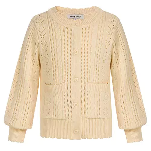 GRACE KARIN Mädchen Strickjacke Basic Kinder Cardigan Aprikose Bolero Strickweste Schule Strickware Sweatjacke Langarm mit Tasche 152/158