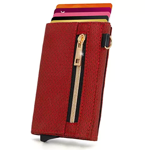 GUGGIARI Kreditkartenetui - Kartenetui mit Münzfach/Kartenhalter mit Magnetverschluss - Aluminium RFID-Kartenhalter -Mini Geldbörse Damen - Dünnes Portemonnaie für Frauen mit Taschenring - Red