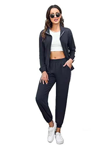 Gyabnw Damen Jogginganzug Sportanzug Trainingsanzug Freizeitanzug mit Streifen Outfit Tracksuit Hausanzug Mode Zweiteiler Set Zipper Trainingjacke und Hose für Sport und Freizeit Navy Blau
