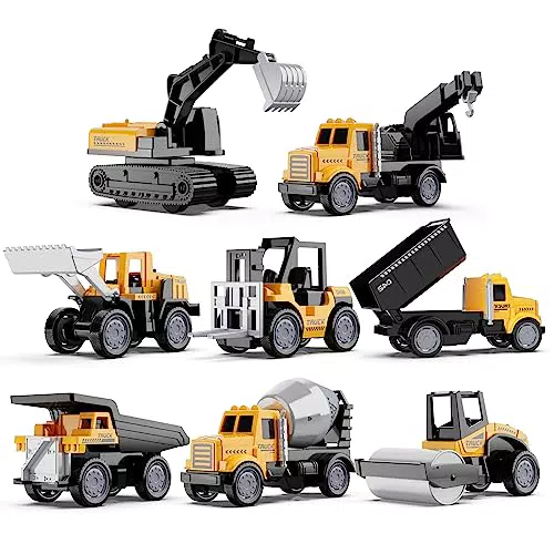 HONGTUO Baustellen Fahrzeuge Metall Kunststoff Bagger Spielzeugautos Transporter Kinderspielzeug für Kinder 3 4 5 Jahren，Geschenk Set 8-teilig