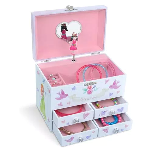 Jewelkeeper - Märchenprinzessin und Herzen große Musikschmuck-Aufbewahrungsbox mit 4 ausziehbaren Schubladen - Tanz der Zuckerfee Melodie