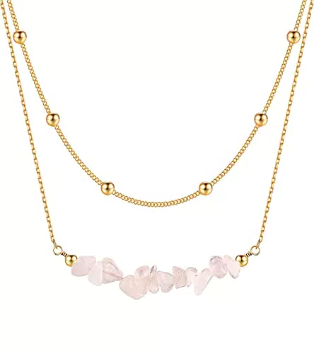 Kenivira 18K Gold Anhänger mit Ketten Edelstein Halsketten Naturliche Kristall Halskette Rosenquarz Halskette Anhänger Kette Halskette Geschenke für Frauen Mädchen