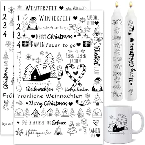 Kerzentattoos Weihnachten, Kerzen Tattoo Folie DIY Kerzensticker für Adventskerzen und Keramik A4 Bogen DIY Stickerbogen