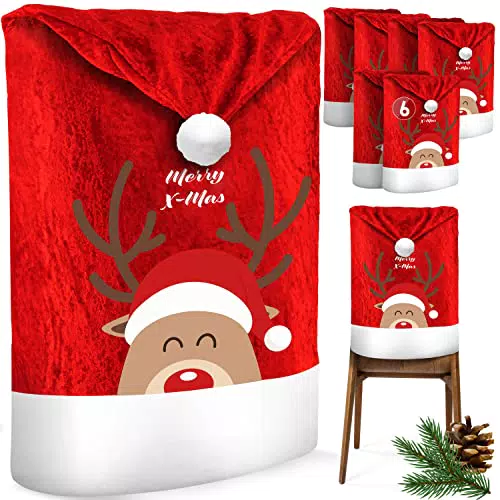 KESSER Premium Weihnachtsstuhlüberzug 6er Set Stuhlhussen für Weihnachten Nikolausmütze Stuhlbezug Husse Weihnachtsdeko für Stühle Überzieher - Stuhlabdeckung im weihnachtlichen Design