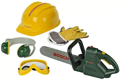 Klein Theo 8525 Bosch Kettensäge mit Zubehör, Mit batteriebetriebenem Sägegeräusch und Blinklicht